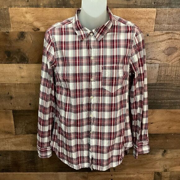 Gap Button Down Shirt Top Collar Red White Black Grey Striped Long Sleeves Small - Picture 9 of 9